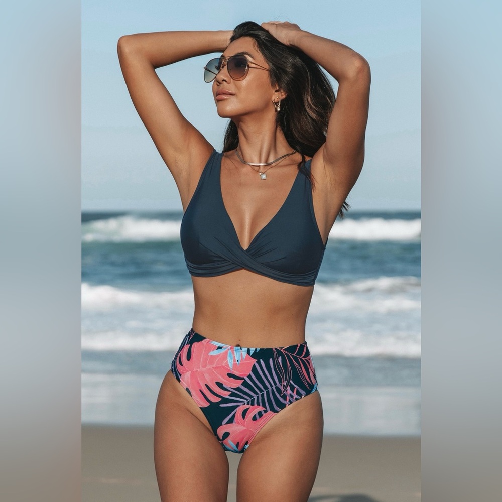 Cupshe Navy & Pink Tropical High-Waist Bikini Set